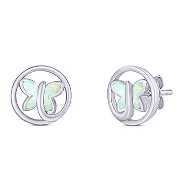 Butterfly Stud Earring Created White Opal Solid 925 Sterling Silver (8.8mm)